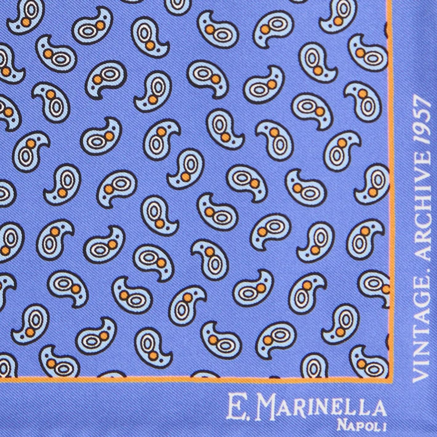 E.Marinella POCHETTE DA TASCHINO IN SETA STAMPATA A MANO AZZURRO POLVERE Fantasia archivio 1957 New