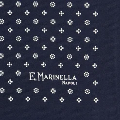 E.Marinella POCHETTE DA TASCHINO IN SETA STAMPATA A MANO BLU SCURO Microfantasia fiore New