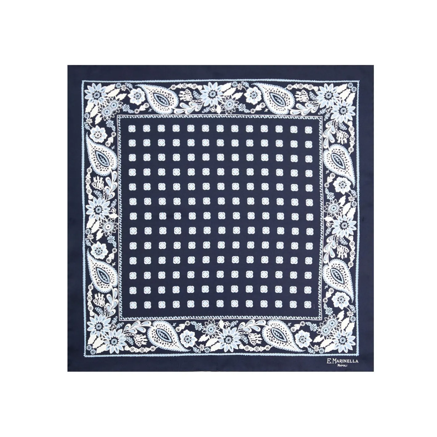 E.Marinella POCHETTE DA TASCHINO IN SETA STAMPATA A MANO BLU SCURO Microfantasia fiore