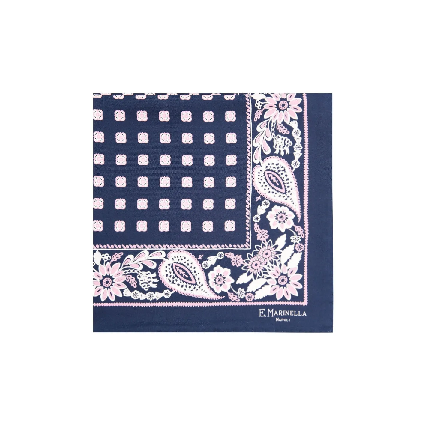 E.Marinella POCHETTE DA TASCHINO IN SETA STAMPATA A MANO BLU SCURO Microfantasia fiore Sale