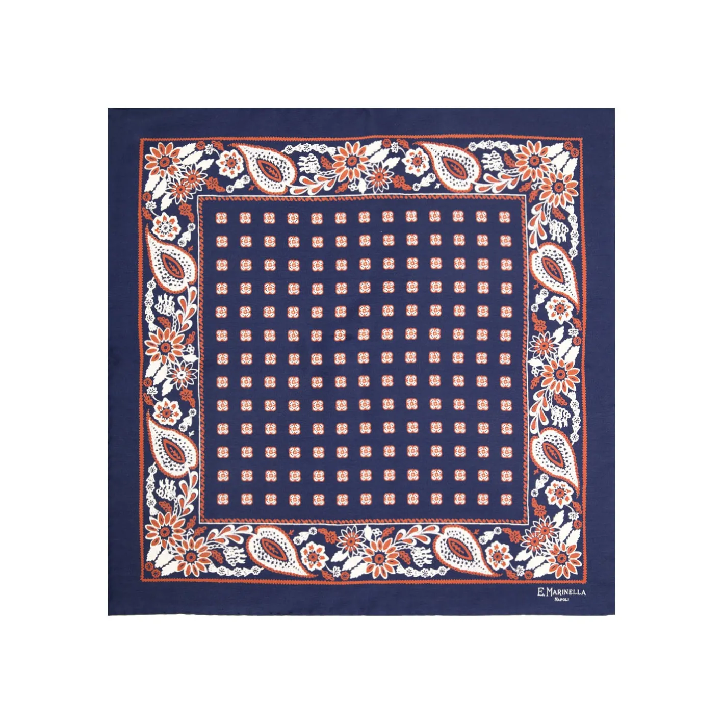 E.Marinella POCHETTE DA TASCHINO IN SETA STAMPATA A MANO BLU SCURO Microfantasia fiore Sale