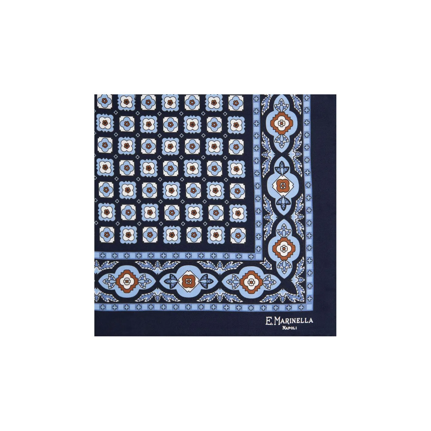E.Marinella POCHETTE DA TASCHINO IN SETA STAMPATA A MANO BLU SCURO Microfantasia fiore Best