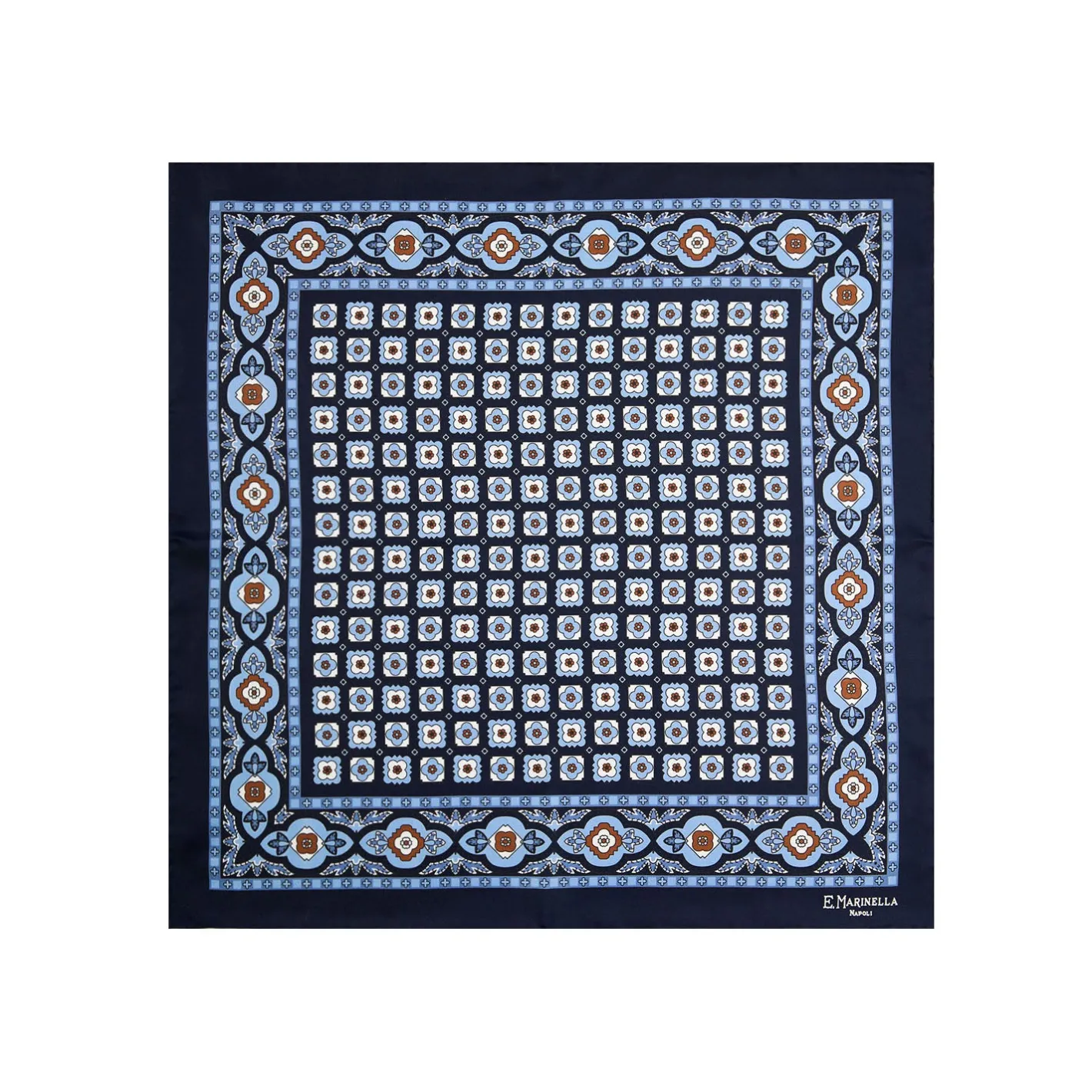 E.Marinella POCHETTE DA TASCHINO IN SETA STAMPATA A MANO BLU SCURO Microfantasia fiore Best