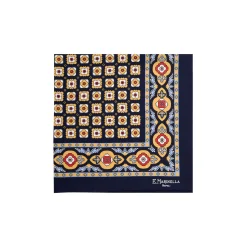 E.Marinella POCHETTE DA TASCHINO IN SETA STAMPATA A MANO BLU SCURO Microfantasia fiore