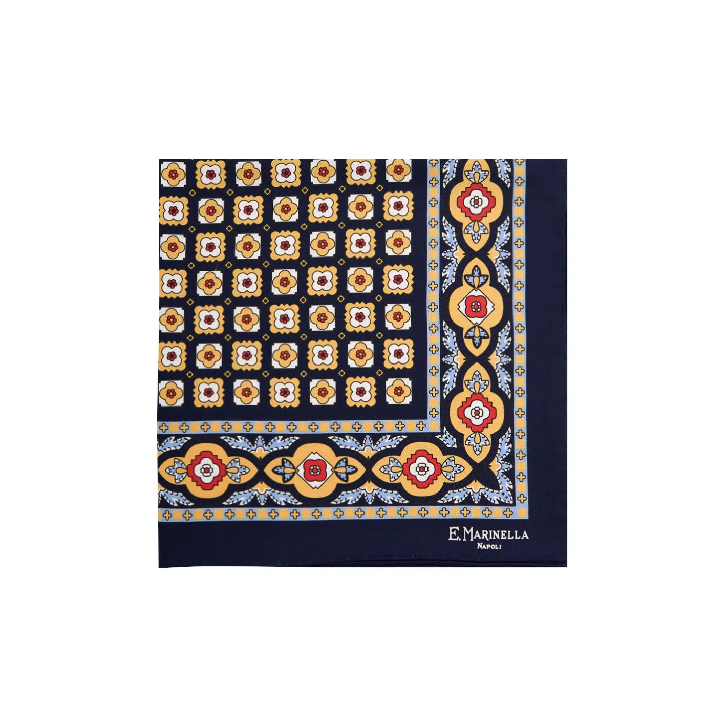 E.Marinella POCHETTE DA TASCHINO IN SETA STAMPATA A MANO BLU SCURO Microfantasia fiore