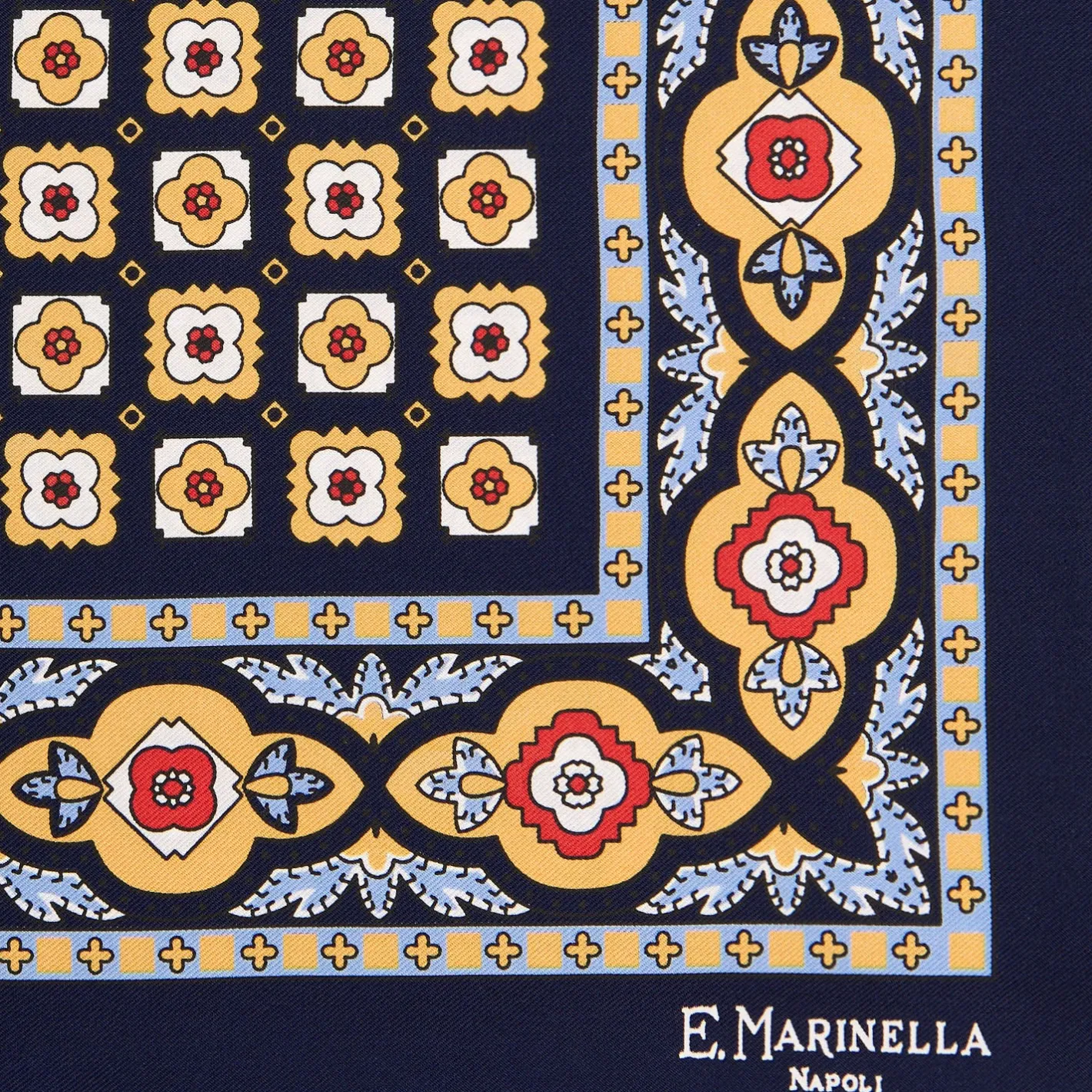 E.Marinella POCHETTE DA TASCHINO IN SETA STAMPATA A MANO BLU SCURO Microfantasia fiore