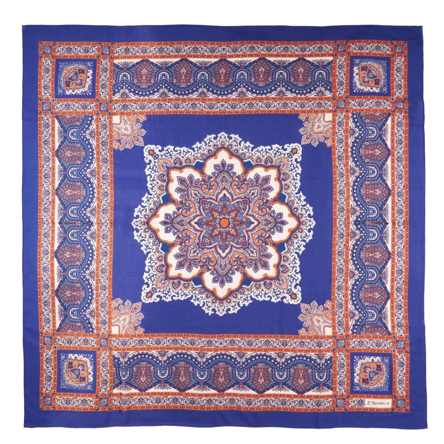 E.Marinella SCIALLE 140 MARRONE E BLUETTE IN LANA Fantasia floreale Discount