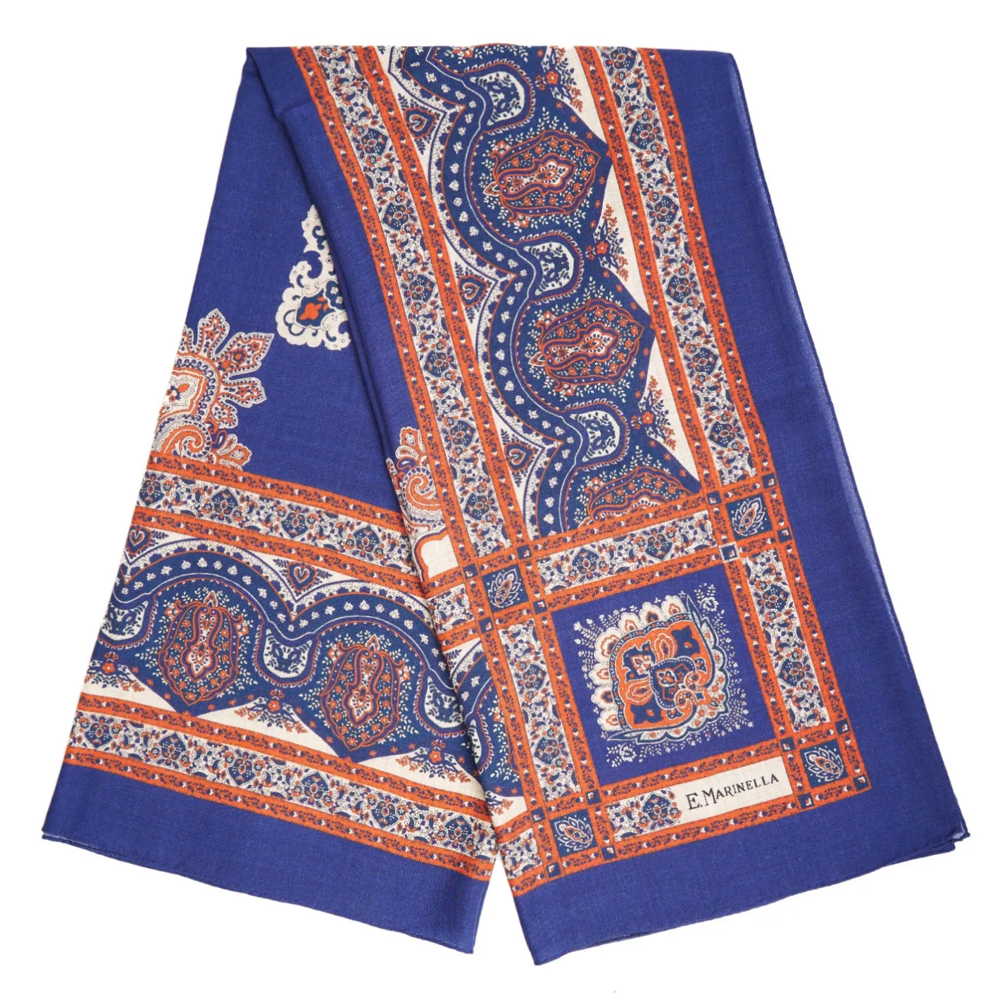 E.Marinella SCIALLE 140 MARRONE E BLUETTE IN LANA Fantasia floreale Discount