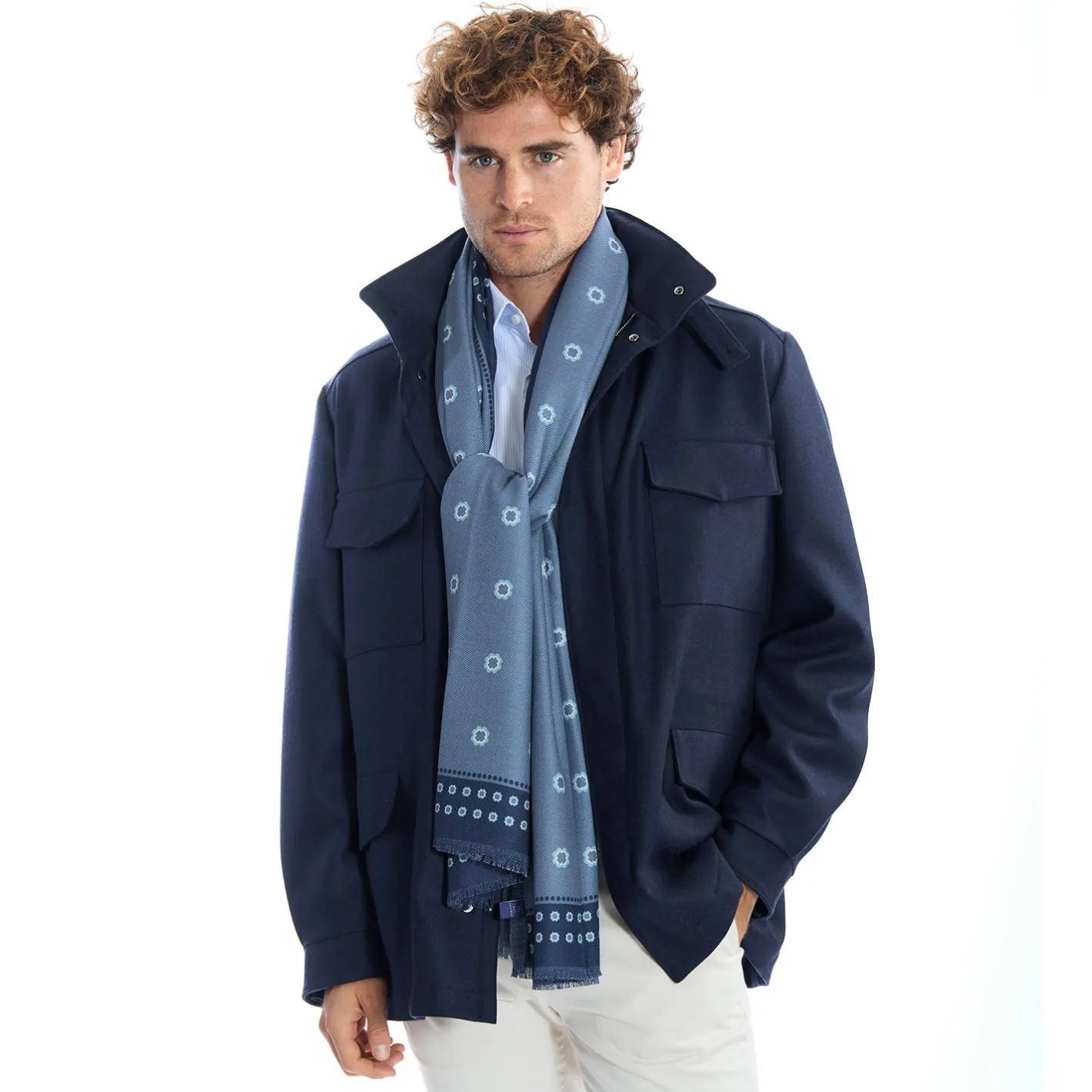 E.Marinella STOLA AZZURRO POLVERE IN LANA Decorazioni floreali Clearance