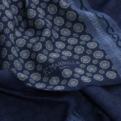 E.Marinella STOLA BLU SCURO In lana con decorazioni floreali New