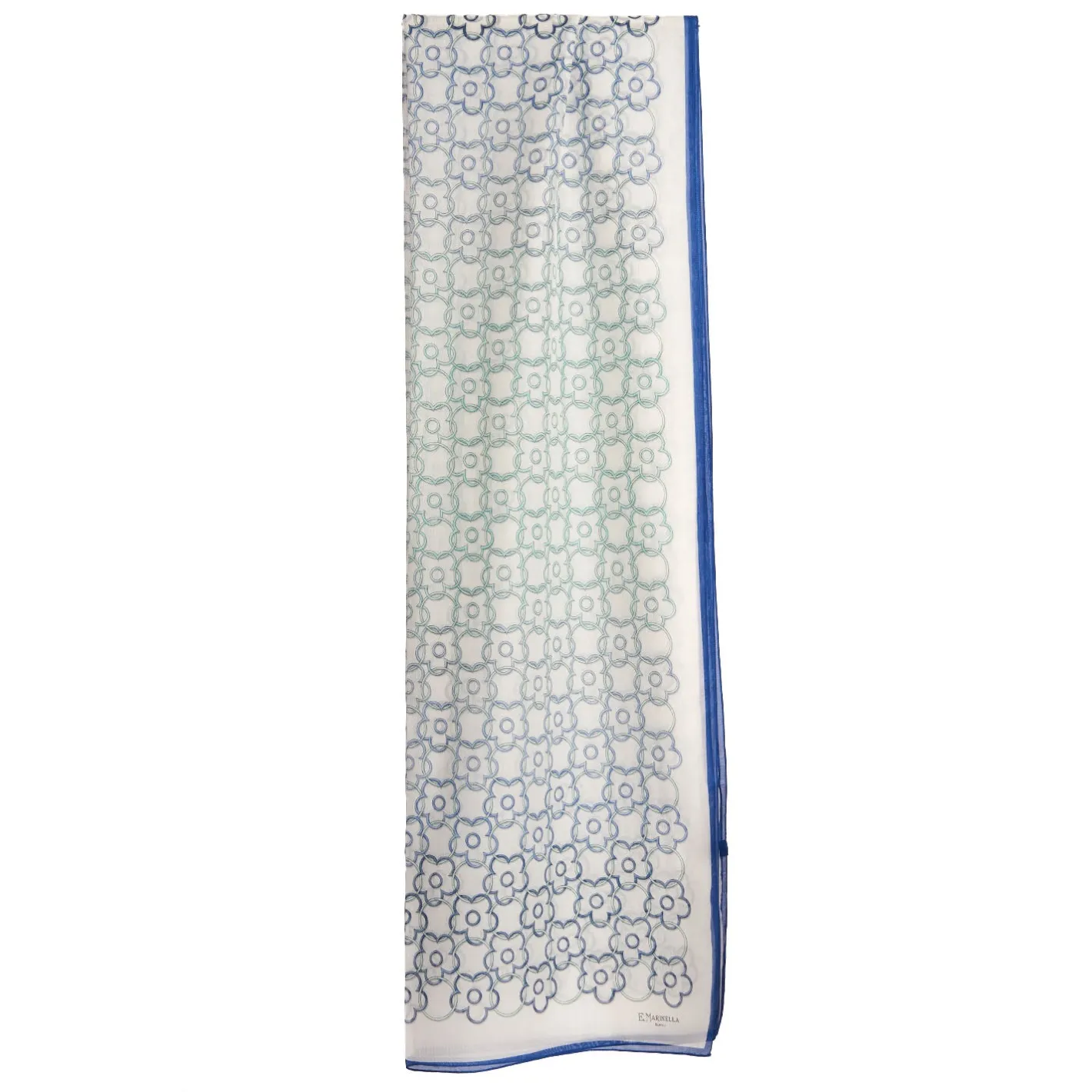 E.Marinella STOLA IN VOILE DI COTONE E SETA BLU Fiore monogram 100 New