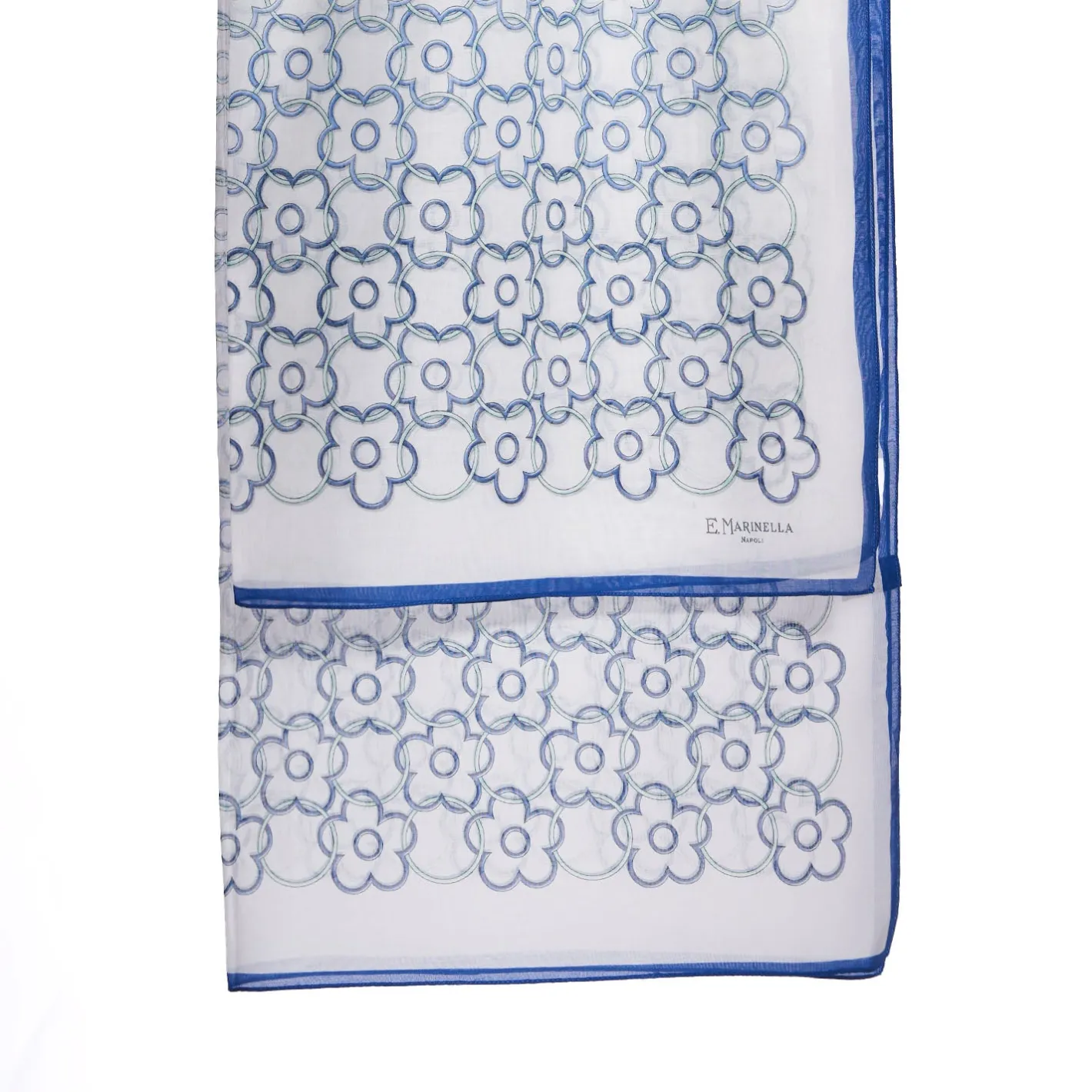 E.Marinella STOLA IN VOILE DI COTONE E SETA BLU Fiore monogram 100 New