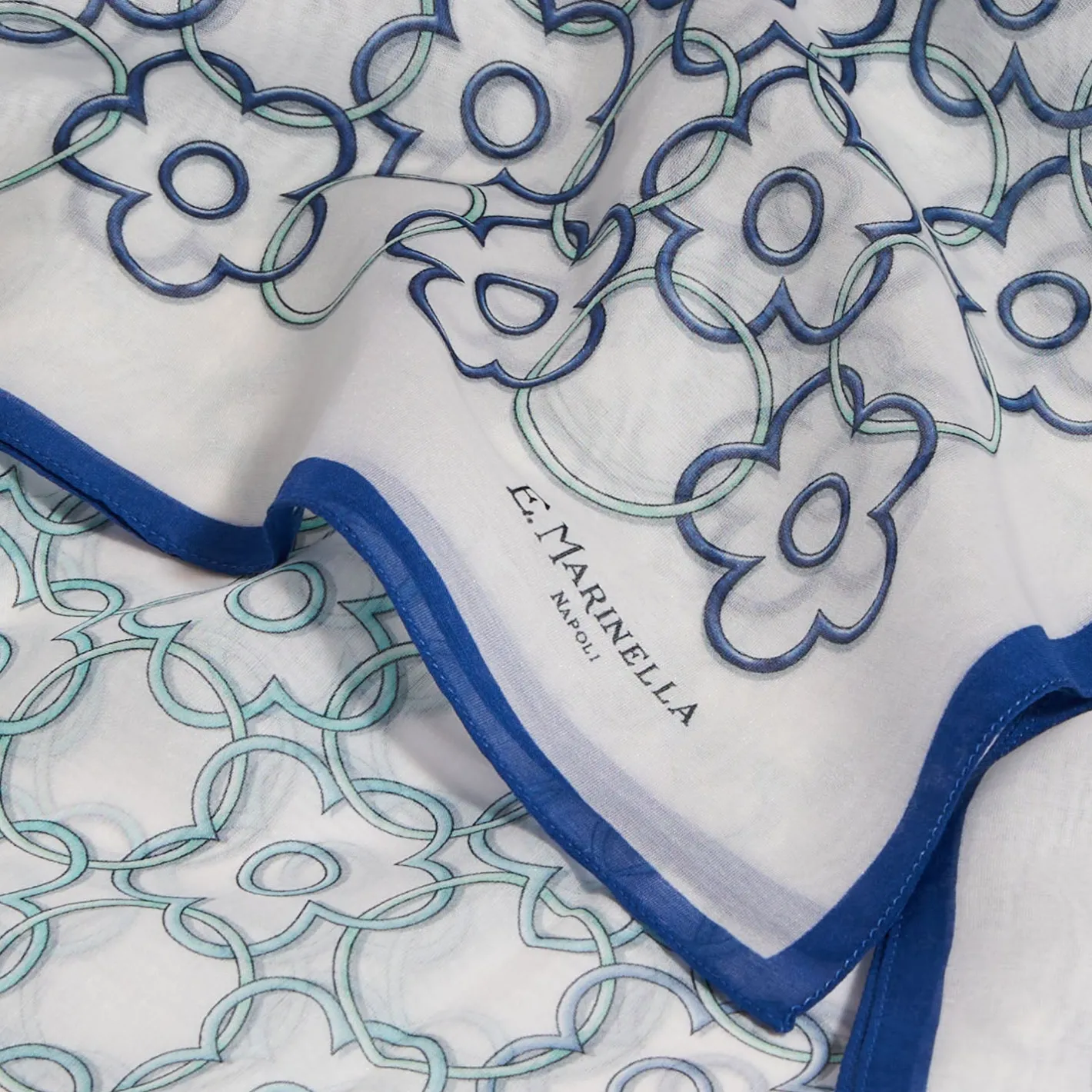 E.Marinella STOLA IN VOILE DI COTONE E SETA BLU Fiore monogram 100 New