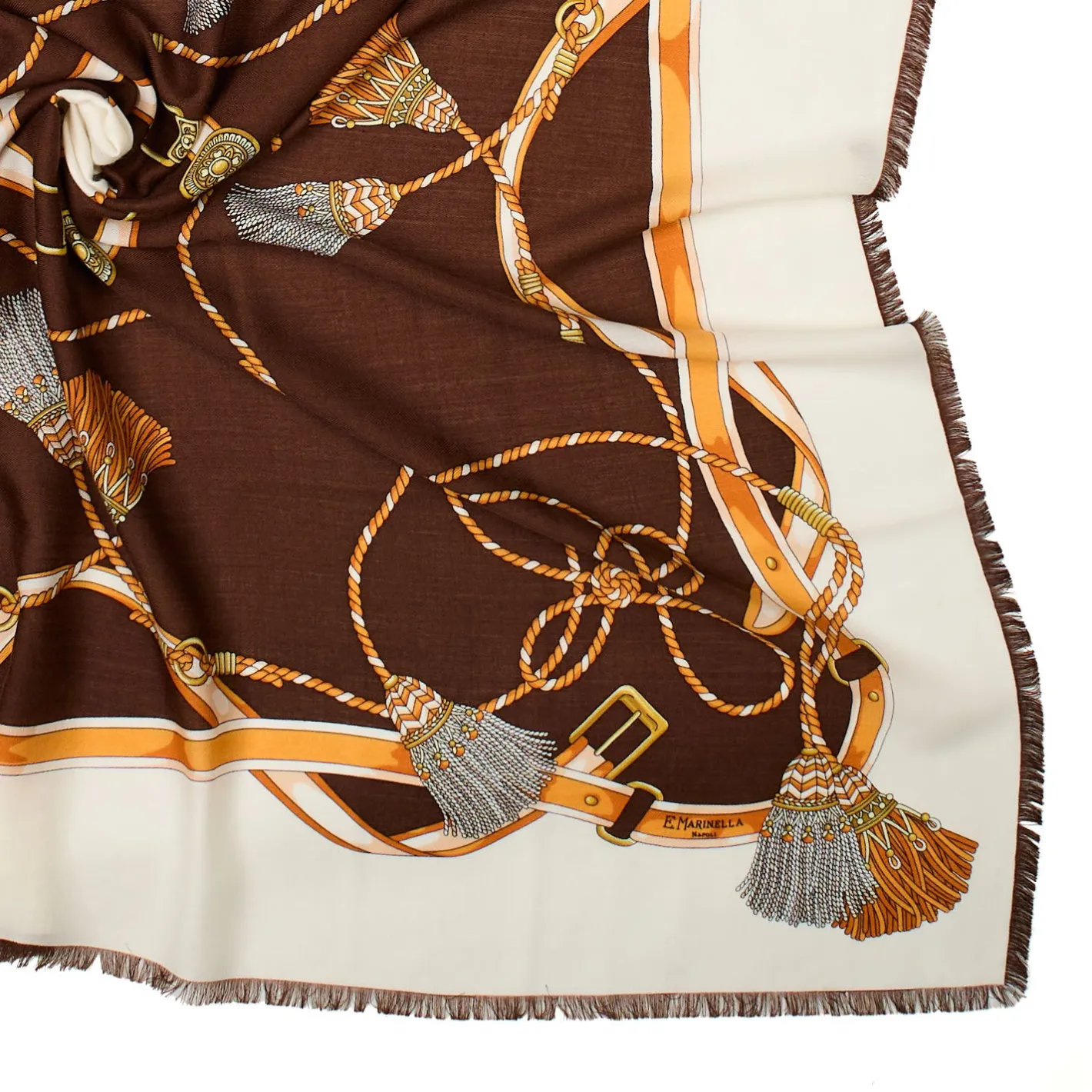 E.Marinella STOLA MARRONE 115 IN LANA, SETA E CASHMERE Nappine e chiavi New
