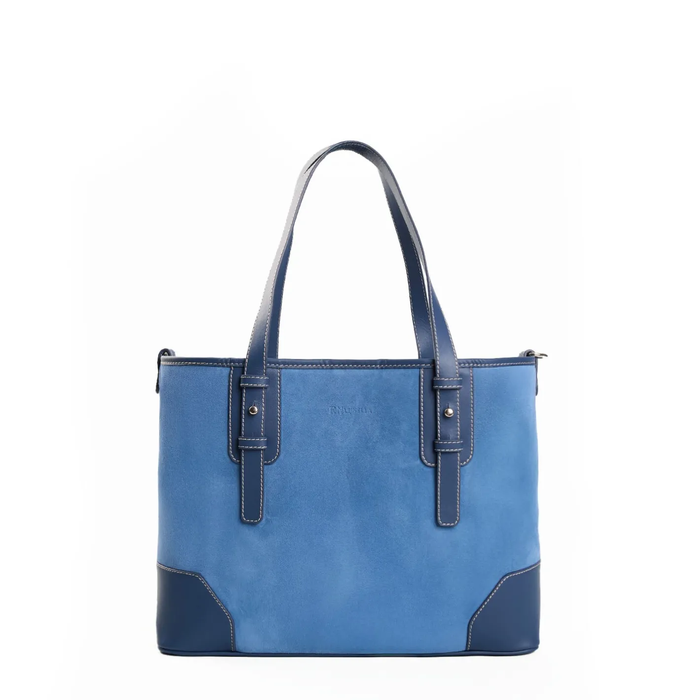 E.Marinella TOTE BAG MIDI AZZURRO POLVERE In suede e pelle Outlet